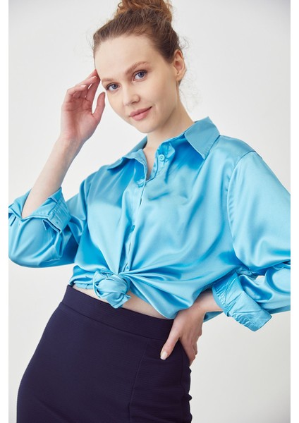 Oversize Saten Gömlek-Turkuaz