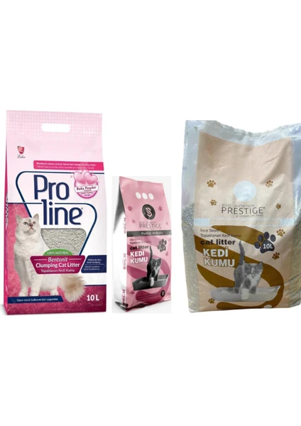 Proline Bebek Pudralı Kedi Kumu 10 Lt + Prestige 10 Lt Kedi Kumu + Prestige Bebek Pudralı Kedi Kumu 5 Lt