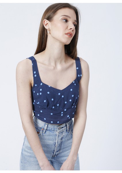 Düz Yaka Crop Desenli Lacivert Kadın Bluz - K-NORBERTO fırsatları