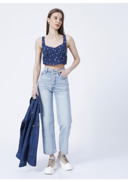 Düz Yaka Crop Desenli Lacivert Kadın Bluz - K-NORBERTO indirimleri