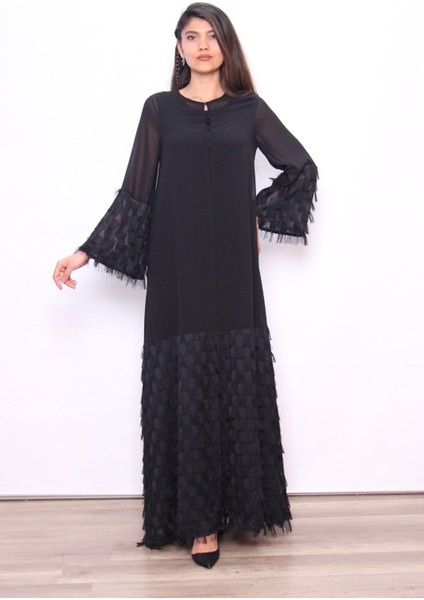 Saçaklı Siyah Şifon Abaya - Tunik - Ferace