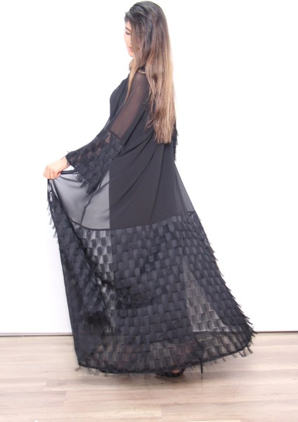Saçaklı Siyah Şifon Abaya - Tunik - Ferace