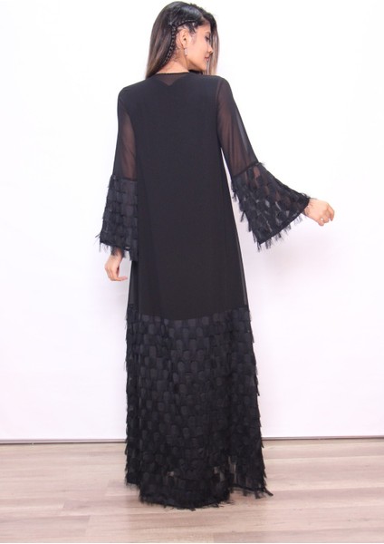 Saçaklı Siyah Şifon Abaya - Tunik - Ferace
