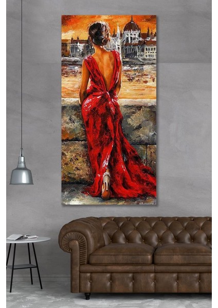90 x 40 Kırmızı Elbiseli Kadın Kanvas Duvar Tablo