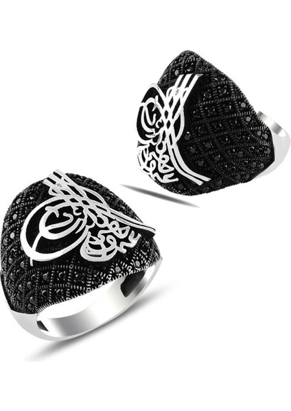 925 Ayar Gümüş Mikro Taş Işlemeli Osmanlı Tuğrası Yüzük