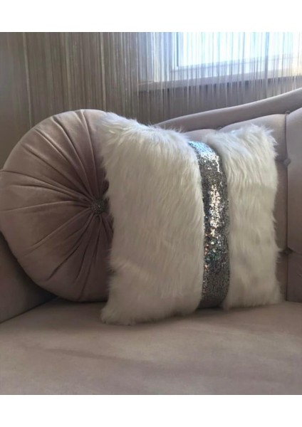 Peluş Şeritli Kırlent Kılıfı - (Beyaz Peluş - Gümüş Şeritli)