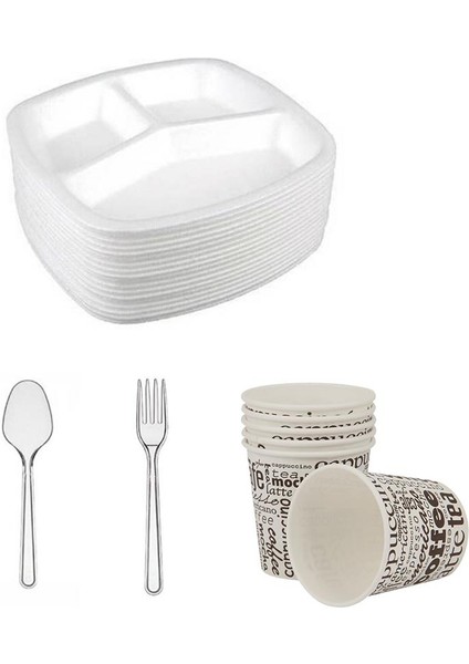 3 Gözlü Köpük Tabak + Karton Bardak + Kaşık + Çatal 4 Lü Set 25 Adet