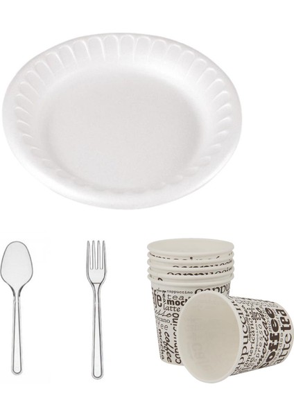 Yuvarlak Köpük Tabak + Karton Bardak + Kaşık + Çatal 4 Lü Set 10 Adet