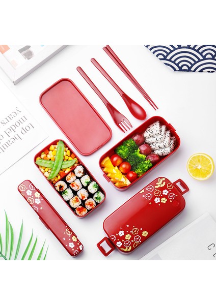 Çanta Kaşık İle Öğle Yemeği Kutusu Chopstakes 2 Katmanlı Mikrodalga Öğle Yemeği Kutusu Japon Ahşap Bento Kutusu Çocuklar Için Gıda Konteyner Depolama Taşınabilir(Yurt Dışından)