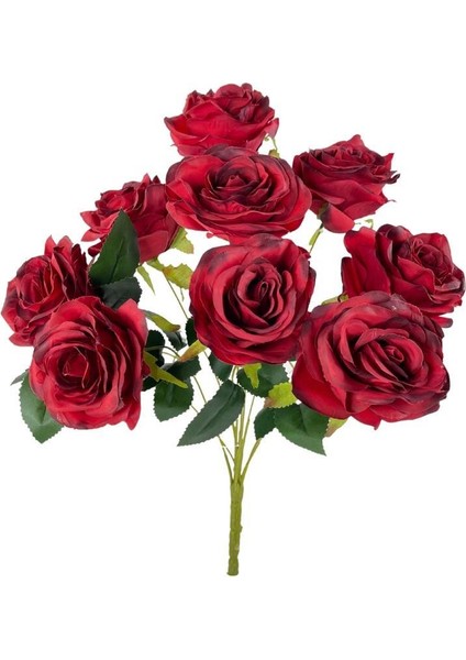 Yapay Çiçek 9 Güllü Büyük Boy Demet 40CM Bordo