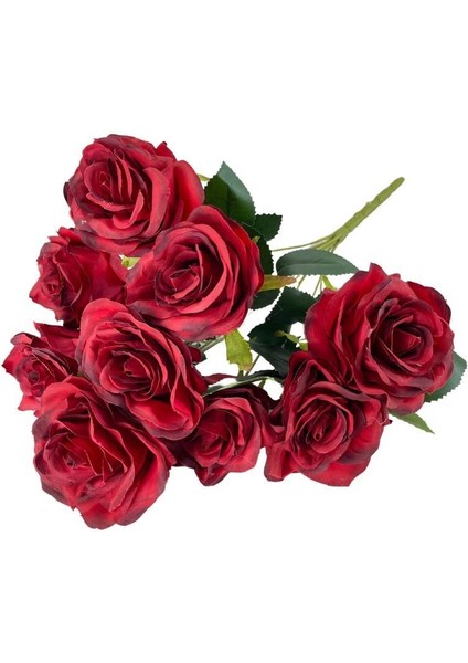 Yapay Çiçek 9 Güllü Büyük Boy Demet 40CM Bordo modelleri
