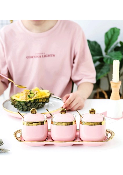Nordic Açık Pembe Altın Jant Seramik Şeker Kase Tuz Çalkalayıcı Baharat Tankı Castor Baharat Kase Üç Parçalı Suit Seramik Kavanoz | Depolama Şişeleri Ve Kavanoz (Yurt Dışından) fırsatları
