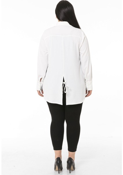 Büyük Beden Geniş Manşetli Arkası Yırtmaç ve Bağcık Detaylı Beyaz Gömlek modelleri