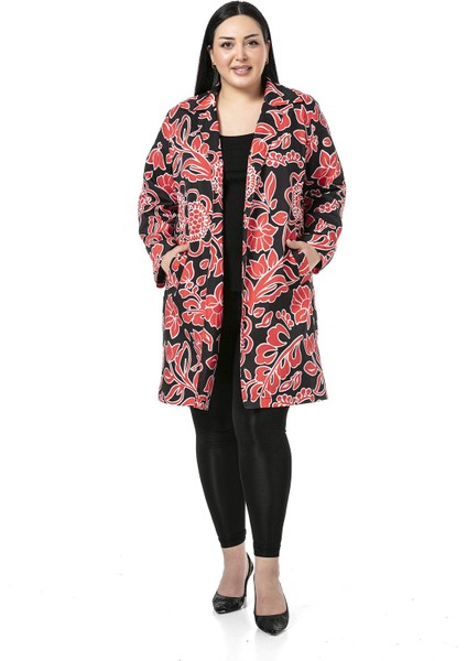 Mono Yaka Kol Boyu Bilek Hizasında Fleto Cepli Astarlı Kırmızı Çiçek Desenli Kadın Ceket