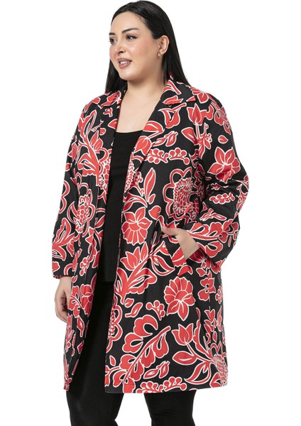 Mono Yaka Kol Boyu Bilek Hizasında Fleto Cepli Astarlı Kırmızı Çiçek Desenli Kadın Ceket fiyatları