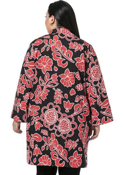 Mono Yaka Kol Boyu Bilek Hizasında Fleto Cepli Astarlı Kırmızı Çiçek Desenli Kadın Ceket modelleri