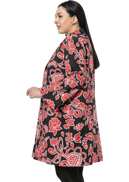 Mono Yaka Kol Boyu Bilek Hizasında Fleto Cepli Astarlı Kırmızı Çiçek Desenli Kadın Ceket fırsatları