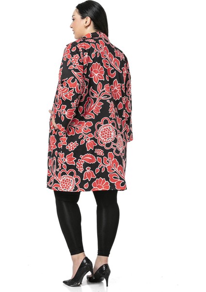 Mono Yaka Kol Boyu Bilek Hizasında Fleto Cepli Astarlı Kırmızı Çiçek Desenli Kadın Ceket indirimleri