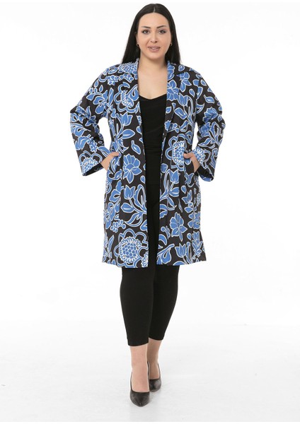 Mono Yaka Kol Boyu Bilek Hizasında Fleto Cepli Astarlı Mavi Çiçek Desenli Kadın Ceket