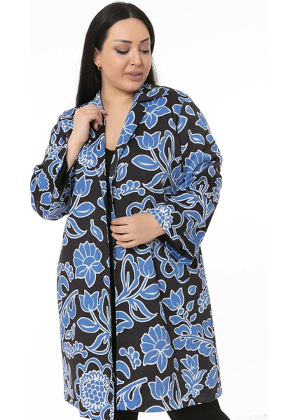 Mono Yaka Kol Boyu Bilek Hizasında Fleto Cepli Astarlı Mavi Çiçek Desenli Kadın Ceket fiyatları