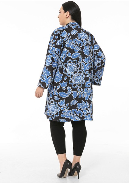 Mono Yaka Kol Boyu Bilek Hizasında Fleto Cepli Astarlı Mavi Çiçek Desenli Kadın Ceket modelleri