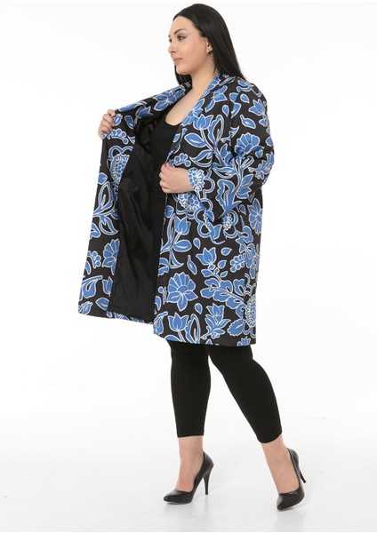 Mono Yaka Kol Boyu Bilek Hizasında Fleto Cepli Astarlı Mavi Çiçek Desenli Kadın Ceket fırsatları