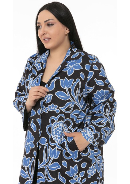 Mono Yaka Kol Boyu Bilek Hizasında Fleto Cepli Astarlı Mavi Çiçek Desenli Kadın Ceket indirimleri