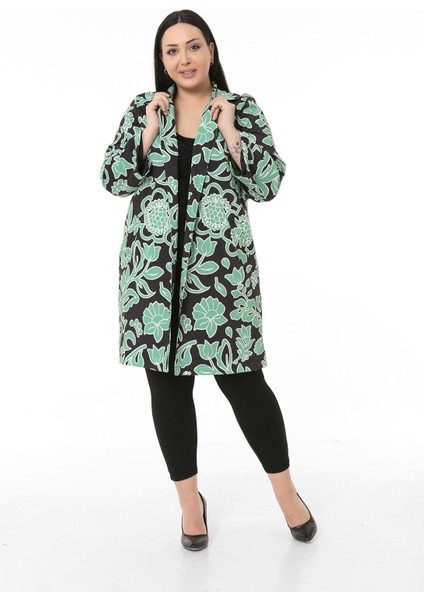 Mono Yaka Kol Boyu Bilek Hizasında Fleto Cepli Astarlı Yeşil Çiçek Desenli Kadın Ceket