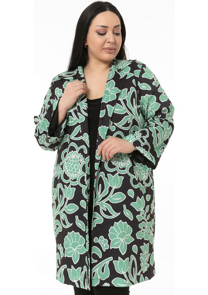 Mono Yaka Kol Boyu Bilek Hizasında Fleto Cepli Astarlı Yeşil Çiçek Desenli Kadın Ceket fiyatları