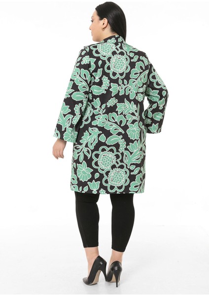 Mono Yaka Kol Boyu Bilek Hizasında Fleto Cepli Astarlı Yeşil Çiçek Desenli Kadın Ceket modelleri