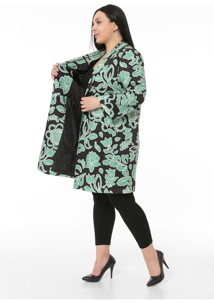 Mono Yaka Kol Boyu Bilek Hizasında Fleto Cepli Astarlı Yeşil Çiçek Desenli Kadın Ceket fırsatları