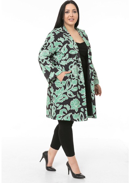 Mono Yaka Kol Boyu Bilek Hizasında Fleto Cepli Astarlı Yeşil Çiçek Desenli Kadın Ceket indirimleri