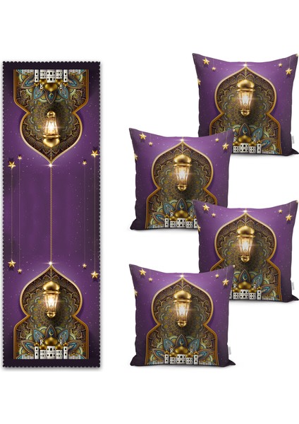 Real Homes Mor Zeminli Islami Desenli Ramazan Temalı Runner & Kırlent Kılıfı Seti