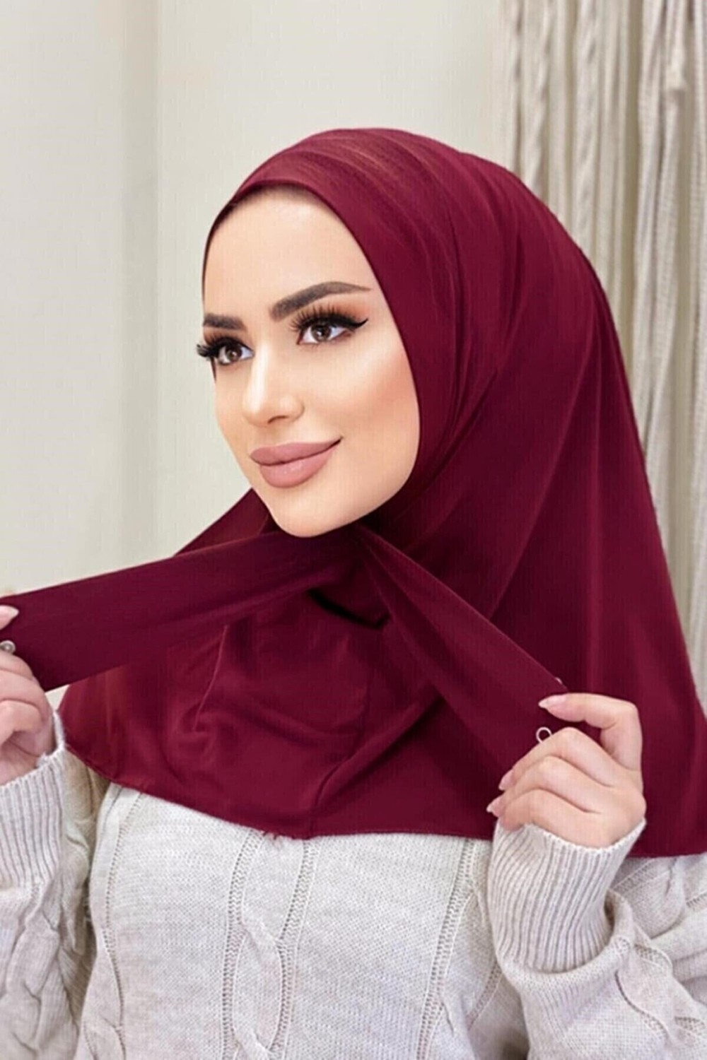 Moda Mevsimi Çıt Çıt Hazır Eşarp Çıtçıtlı Hijab Hazır Eşarp Bordo görsel 3