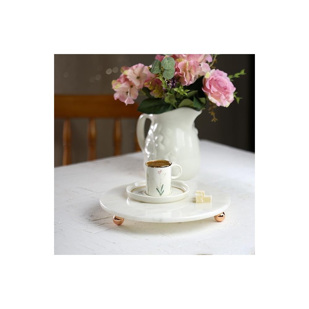 Akayev   Mermer 25 cm Rose Gold Boncuk Ayaklı Beyaz Yuvarlak Sunumluk