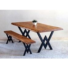 Entema Doğal Ağaç Masif Kütük Masa 60 cm x 150 cm + 1 Bank Bench ( Metal Ayak )