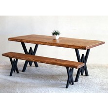 Entema Doğal Ağaç Masif Kütük Masa 60 cm x 150 cm + 1 Bank Bench ( Metal Ayak )