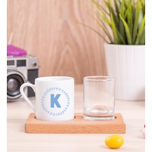 Hediye Dükkanı Kişiye Özel  Mavi Renkli Baş Harf Tasarım Ahşap Sunumlu Türk Kahvesi Fincanı