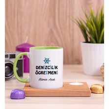 Hediye Dükkanı Kişiye Özel  Denizcilik Öğretmeni Ahşap Altlıklı Mumlu Yeşil Kupa Bardak