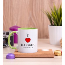 Hediye Dükkanı Kişiye Özel  Dişlerimi Seviyorum Ahşap Altlıklı Mumlu Yeşil Kupa Bardak