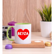 Hediye Dükkanı Kişiye Özel  Isim Yazılı Kırmızı Kalpli Ahşap Altlıklı Mumlu Yeşil Kupa Bardak