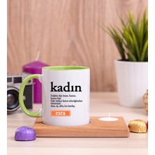 Hediye Dükkanı Kişiye Özel  Kadın Kelime Anlamı Ahşap Altlıklı Mumlu Yeşil Kupa Bardak
