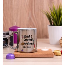 Hediye Dükkanı Kişiye Özel  Görsel Sanatlar Öğretmeni Ahşap Altlıklı Mumlu Silver Kupa Bardak