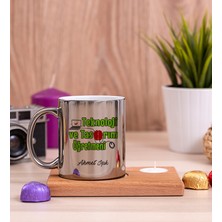 Hediye Dükkanı Kişiye Özel  Teknoloji ve Tasarım Öğretmeni Ahşap Altlıklı Mumlu Silver Kupa Bardak