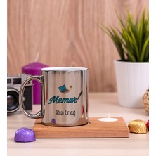 Hediye Dükkanı Kişiye Özel  Memur Ahşap Altlıklı Mumlu Silver Kupa Bardak