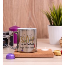 Hediye Dükkanı Kişiye Özel  Sınıf Öğretmeni Ahşap Altlıklı Mumlu Silver Kupa Bardak