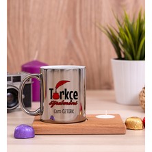 Hediye Dükkanı Kişiye Özel  Türkçe Öğretmeni Ahşap Altlıklı Mumlu Silver Kupa Bardak