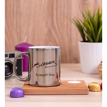 Hediye Dükkanı Kişiye Özel  Atatürk Imzalı Ahşap Altlıklı Mumlu Silver Kupa Bardak