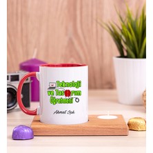 Hediye Dükkanı Kişiye Özel  Teknoloji ve Tasarım Öğretmeni Ahşap Altlıklı Mumlu Kırmızı Kupa Bardak