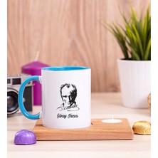 Hediye Dükkanı Kişiye Özel  Atatürk Siluetli Ahşap Altlıklı Mumlu Mavi Kupa Bardak